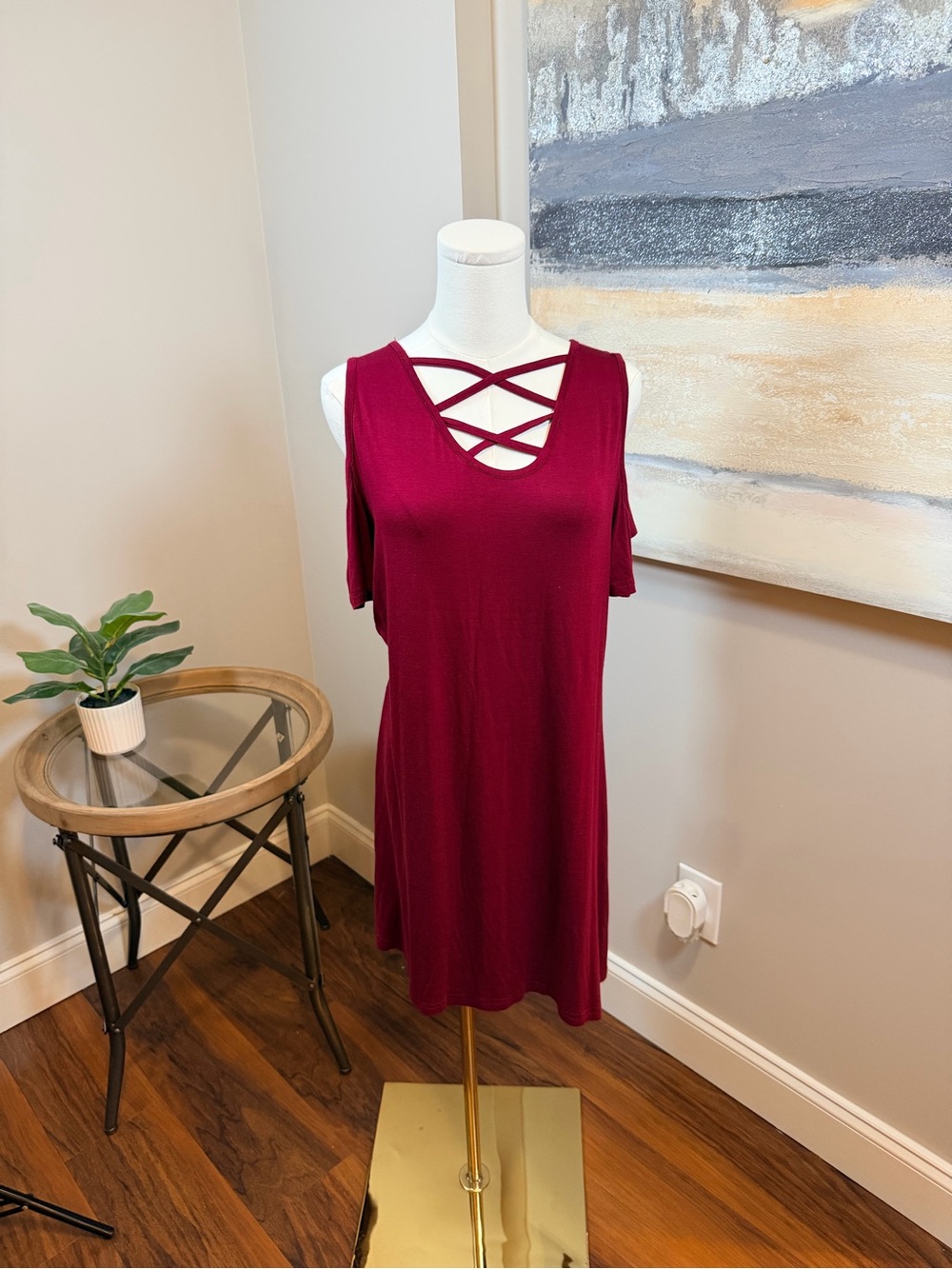 Leo Rosi Crisscross‎ Cold-Shoulder Dress in Burgundy